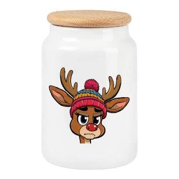 Personnage de renne mignon avec casquette - Boîte à biscuits avec couvercle en bois - blanc - Devant