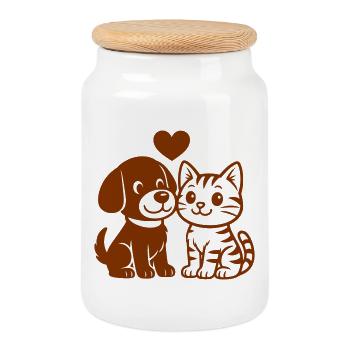 Cute dog and cute tabby cat with heart - Cookie Jar with Wooden Lid - white - Front