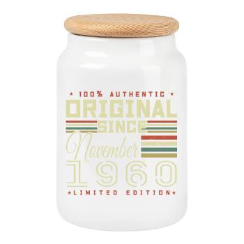 November 1960 Birthday Gift - Cookie Jar with Wooden Lid - white - Front