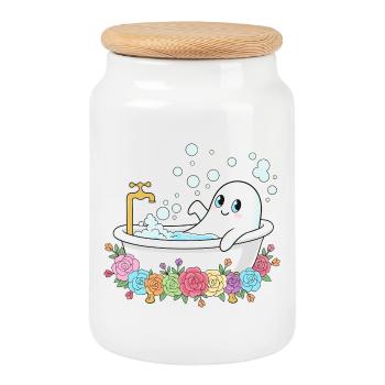Funny ghost in the flower bath - Cookie Jar with Wooden Lid - white - Front