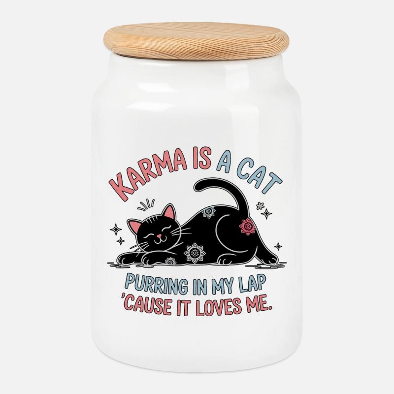 Karma ist eine Katze – Peaceful Cat Design - Keksdose mit Holzdeckel - Weiß
