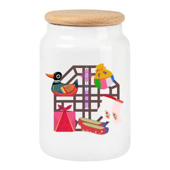 Koreanische Tradition – Mandarinente & Symbole - Keksdose mit Holzdeckel - Weiß - Vorne
