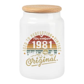 november 1981 birthday november 1981 - Cookie Jar with Wooden Lid - white - Front