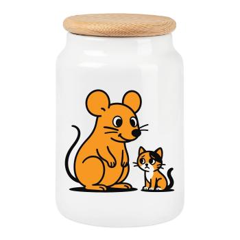 Cuddly Mouse and Kitten Duo - Cookie Jar with Wooden Lid - white - Front