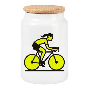 Yellow Cyclist Silhouette - Cookie Jar with Wooden Lid - white - Front