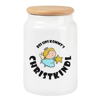 Enfant Jésus avec cercle de Noël en étoile - Boîte à biscuits avec couvercle en bois - blanc - Devant