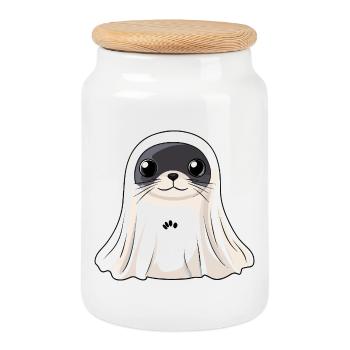 phoque animal Halloween fantôme - Boîte à biscuits avec couvercle en bois - blanc - Devant