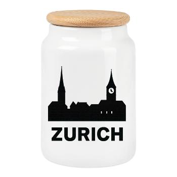City of Zurich- Silhouette Design - Cookie Jar with Wooden Lid - white - Front