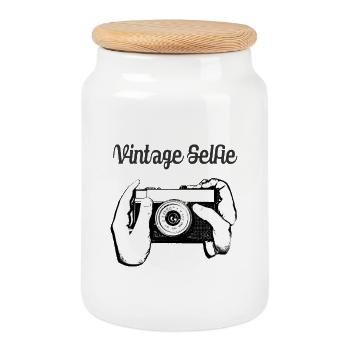 Vintage Selfie Camera - Cookie Jar with Wooden Lid - white - Front