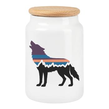 Wolf Dog Mountain Landscape Forest Hiking Silhouette - Cookie Jar with Wooden Lid - white - Front