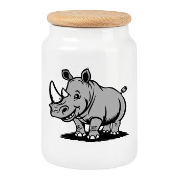 Dessin animé de rhinocéros drôle dans le style gris - Boîte à biscuits avec couvercle en bois - blanc - Devant