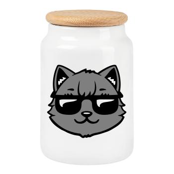 Cat Gray Sunglasses Cool Casual Style Look - Cookie Jar with Wooden Lid - white - Front