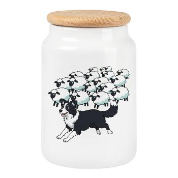 Border Collie and Clouds Sheep - Cookie Jar with Wooden Lid - white - Front