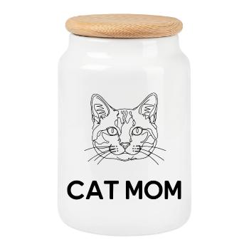 Cat Mom – Minimalist Cat Line Art - Cookie Jar with Wooden Lid - white - Front