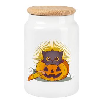 Halloween Chat dans la citrouille : un plaisir effrayant et sucré - Boîte à biscuits avec couvercle en bois - blanc - Devant