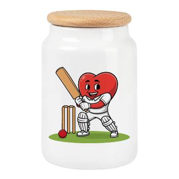 Mascotte de cœur de cricket avec batte et balle - Boîte à biscuits avec couvercle en bois - blanc - Devant