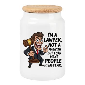 Lawyer Caricature with Funny Saying - Cookie Jar with Wooden Lid - white - Front