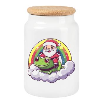 Frog Santa Claus Christmas - Cookie Jar with Wooden Lid - white - Front