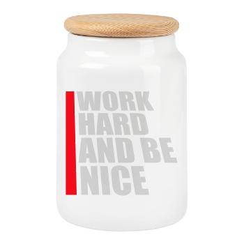 Zitat Work Hard Be Nice Motivation Positiver Geist - Keksdose mit Holzdeckel - Weiß - Vorne