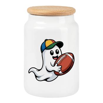 Geist mit Football und Cap - Keksdose mit Holzdeckel - Weiß - Vorne