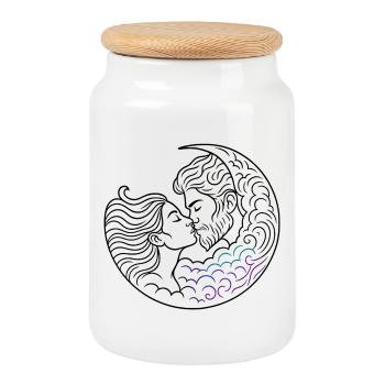 Moon kiss with wavy arc kissing loving couple - Cookie Jar with Wooden Lid - white - Front