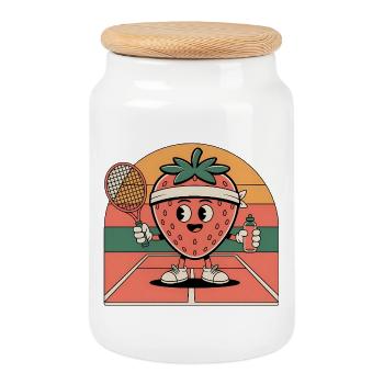 Tennis Strawberry Retro Cartoon Sport Humor - Cookie Jar with Wooden Lid - white - Front