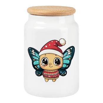 Butterfly Christmas - Cookie Jar with Wooden Lid - white - Front