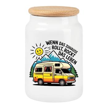 Wohnmobil Spruch – Das Leben rockt Camping Humor - Keksdose mit Holzdeckel - Weiß - Vorne