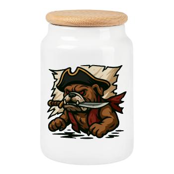 Féroce Bulldog Pirate avec couteau Mascotte de dessin animé - Boîte à biscuits avec couvercle en bois - blanc - Devant