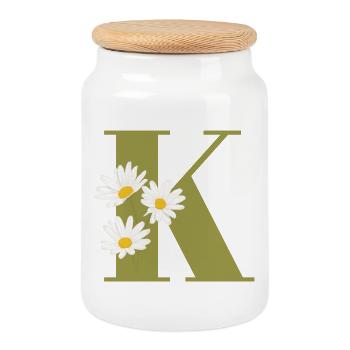 Letter k green daisies - Cookie Jar with Wooden Lid - white - Front