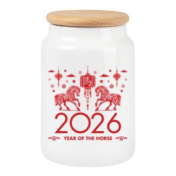 Chinese New year of the Horse 2026 - Cookie Jar with Wooden Lid - white - Front