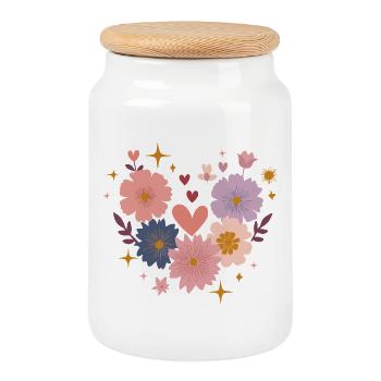 Pastel Flowers Heart Circle - Cookie Jar with Wooden Lid - white - Front