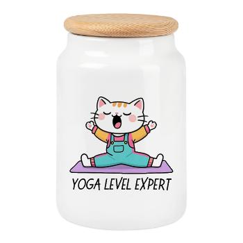 Chat Kawaii Yoga sur Tapis - Boîte à biscuits avec couvercle en bois - blanc - Devant