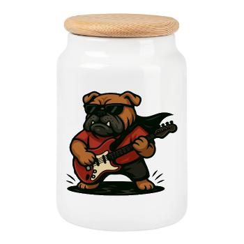Rock Bulldog jouant de la guitare électrique dessin animé art - Boîte à biscuits avec couvercle en bois - blanc - Devant