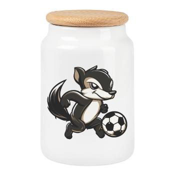 Skunk with Soccer Cartoon - Cookie Jar with Wooden Lid - white - Front
