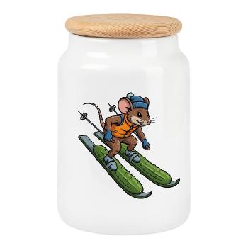 Escapade hivernale Skieur Souris Rat Skieur Concombre Escapade d’hiver - Boîte à biscuits avec couvercle en bois - blanc - Devant