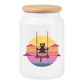 Cat swing at the donut sunset - Cookie Jar with Wooden Lid - white - Front
