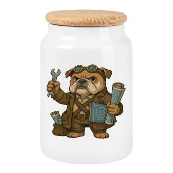 Bulldog ingénieur avec clé à molette et plans - Boîte à biscuits avec couvercle en bois - blanc - Devant