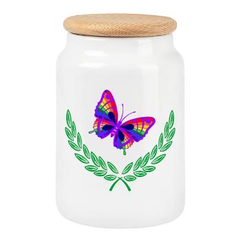 Papillon en couronne de laurier vert - Boîte à biscuits avec couvercle en bois - blanc - Devant
