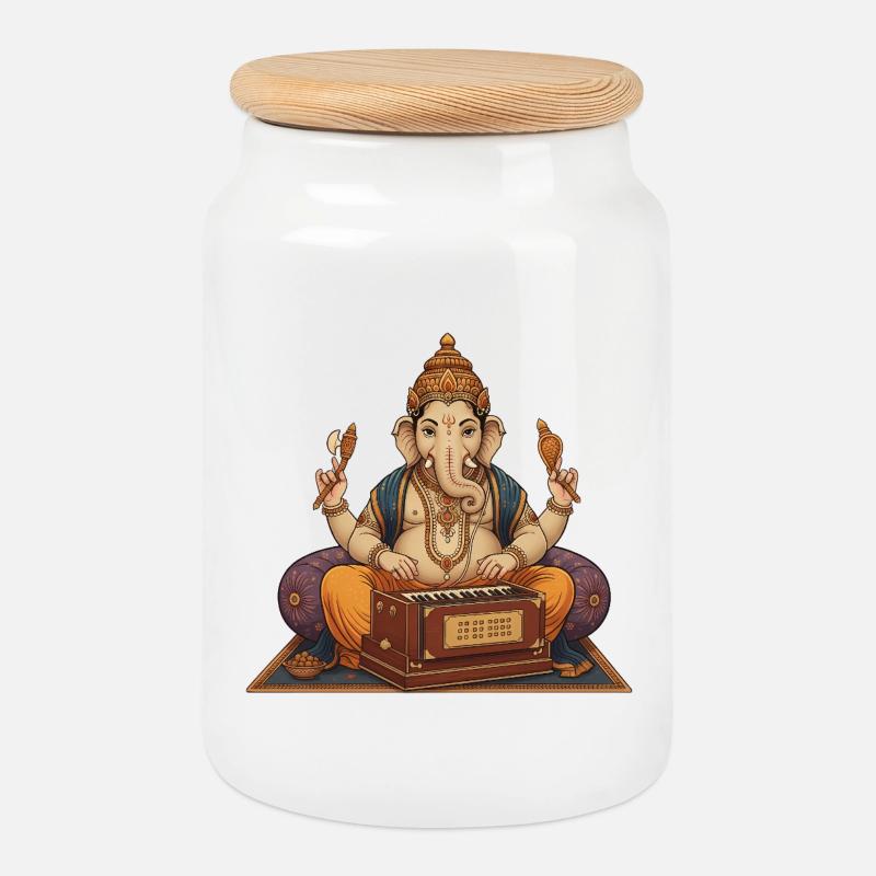 Ganesha Harmonium Kunst - Keksdose mit Holzdeckel - Weiß