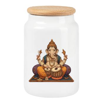 Ganesha Tabla - Cookie Jar with Wooden Lid - white - Front