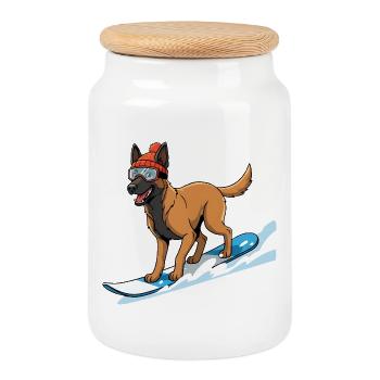 Chien de snowboard avec chapeau et lunettes de ski - Boîte à biscuits avec couvercle en bois - blanc - Devant