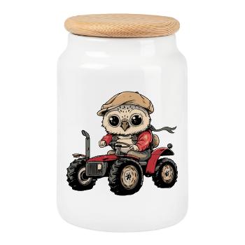 Agriculteur tracteur hibou - Boîte à biscuits avec couvercle en bois - blanc - Devant