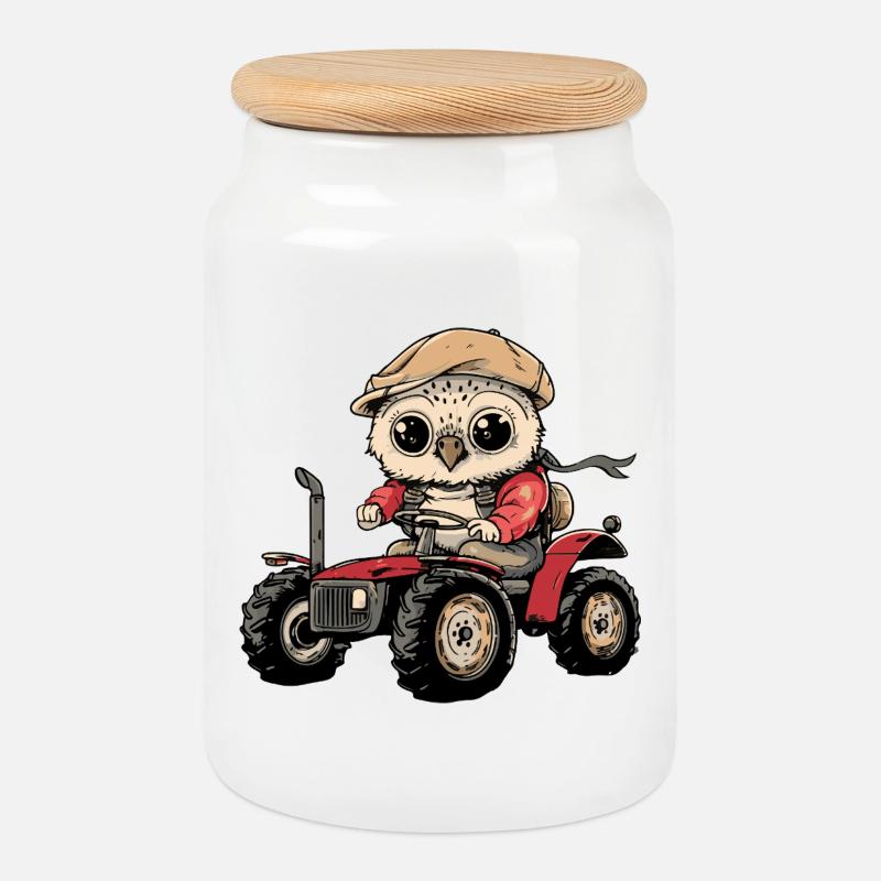 Eule Traktor Farmer - Keksdose mit Holzdeckel - Weiß