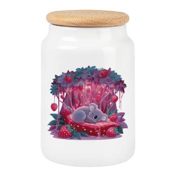 Koala endormi sur gâteau à la fraise dans la forêt enchantée - Boîte à biscuits avec couvercle en bois - blanc - Devant