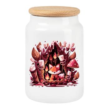 Fox in the mushroom forest fire - Cookie Jar with Wooden Lid - white - Front