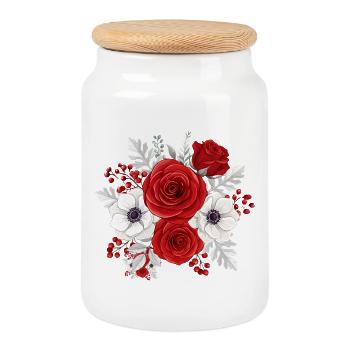 Red and White Floral Bouquet - Cookie Jar with Wooden Lid - white - Front