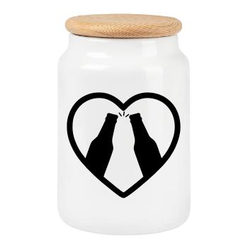 Herz-Bierflaschen, Prost, Geschenk - Keksdose mit Holzdeckel - Weiß - Vorne