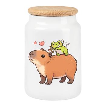 Capybara & Grenouille Cupidon – Motif de la Saint-Valentin - Boîte à biscuits avec couvercle en bois - blanc - Devant