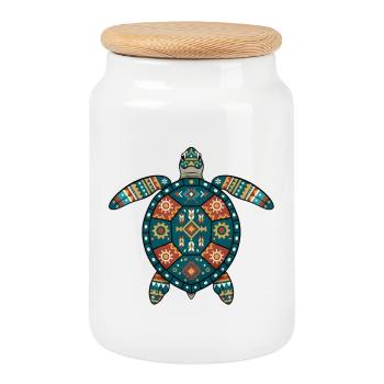 Turtle Aztec Motifs - Cookie Jar with Wooden Lid - white - Front